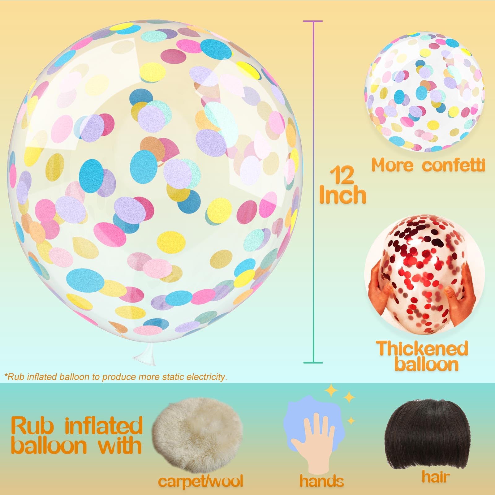 VHUWE Rainbow Confetti Balloons – 25pc, 12in Clear Latex with Confetti Inside
