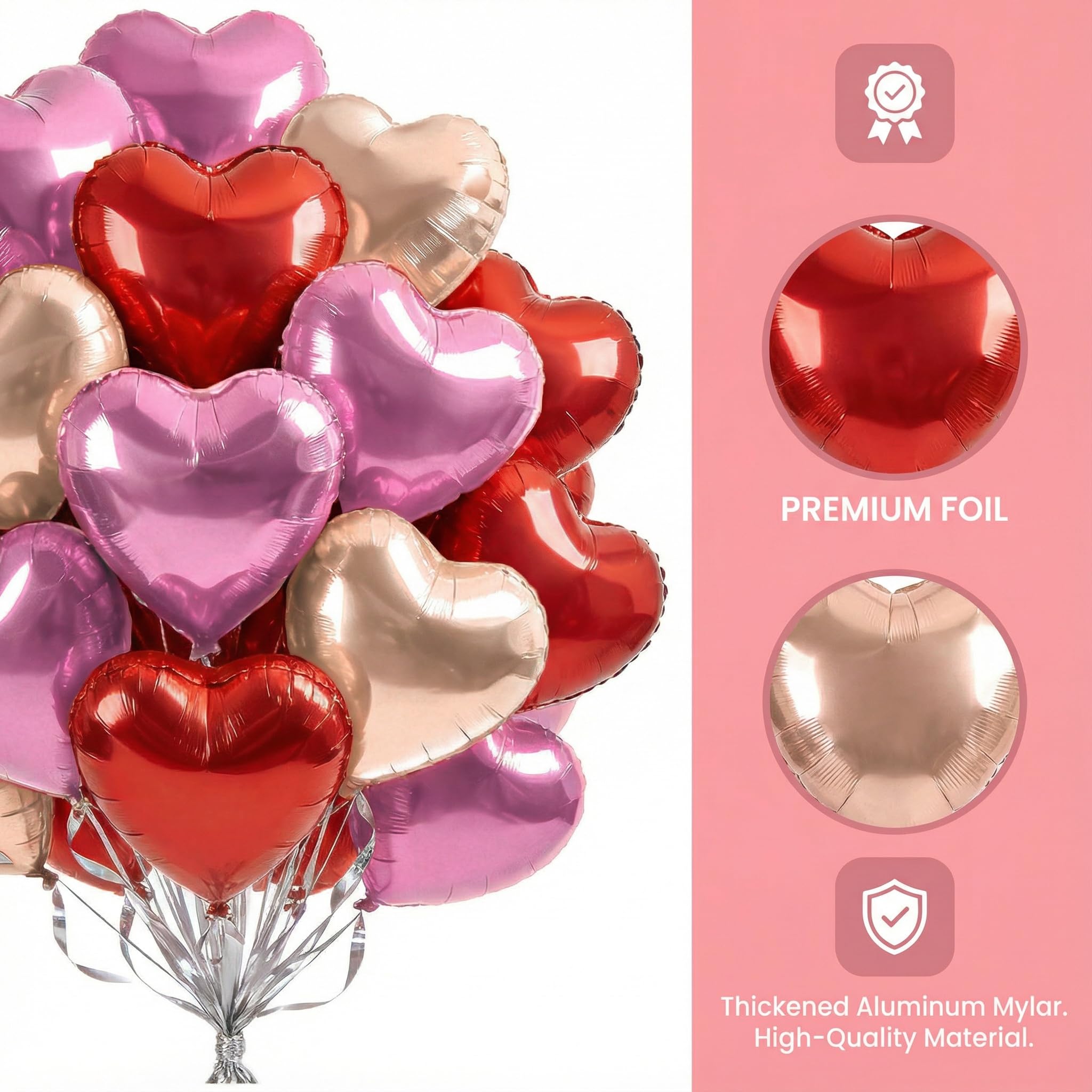 Viaecone 18-Inch Heart Balloons – 30 Pack (10 Red, 10 Pink, 10 Champagne Gold) | Helium-Ready for Valentine’s Day, Weddings, Birthdays