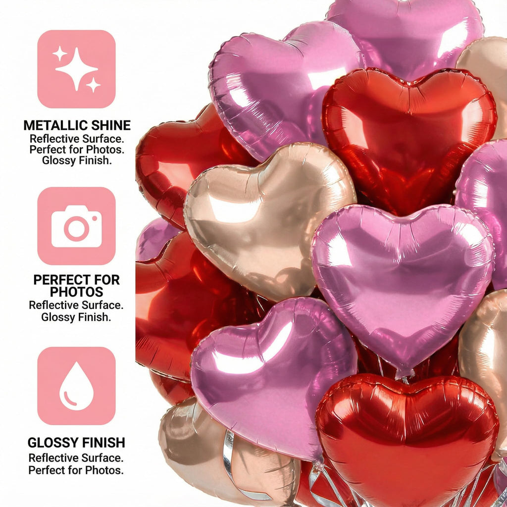 Viaecone 18-Inch Heart Balloons – 30 Pack (10 Red, 10 Pink, 10 Champagne Gold) | Helium-Ready for Valentine’s Day, Weddings, Birthdays