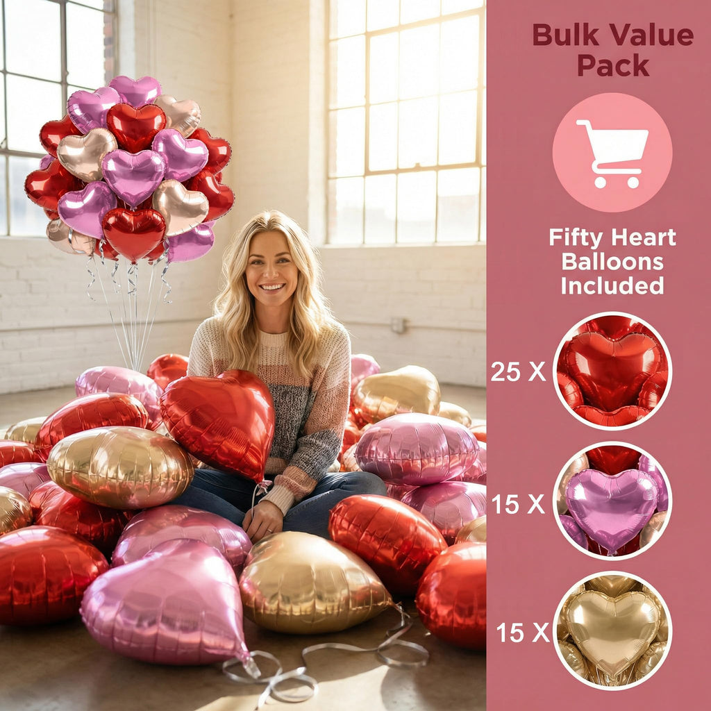 Viaecone 18-Inch Heart Balloons — 50-Pack Red, Pink & Champagne Gold