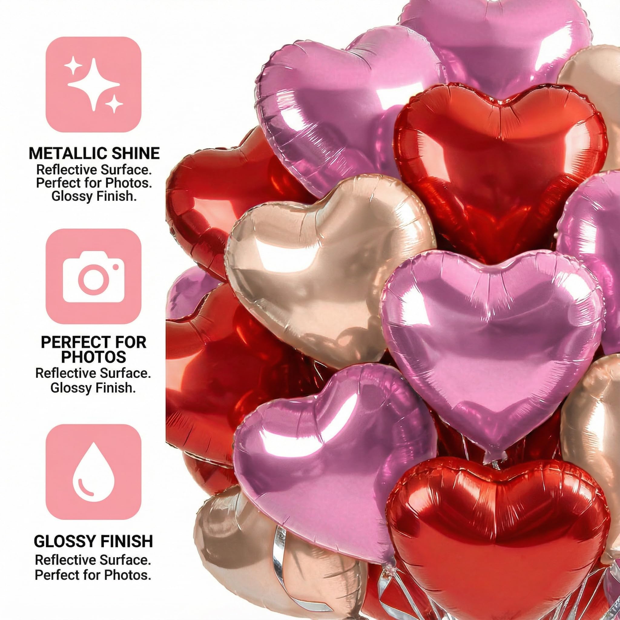 Viaecone 18-Inch Heart Balloons — 50-Pack Red, Pink & Champagne Gold