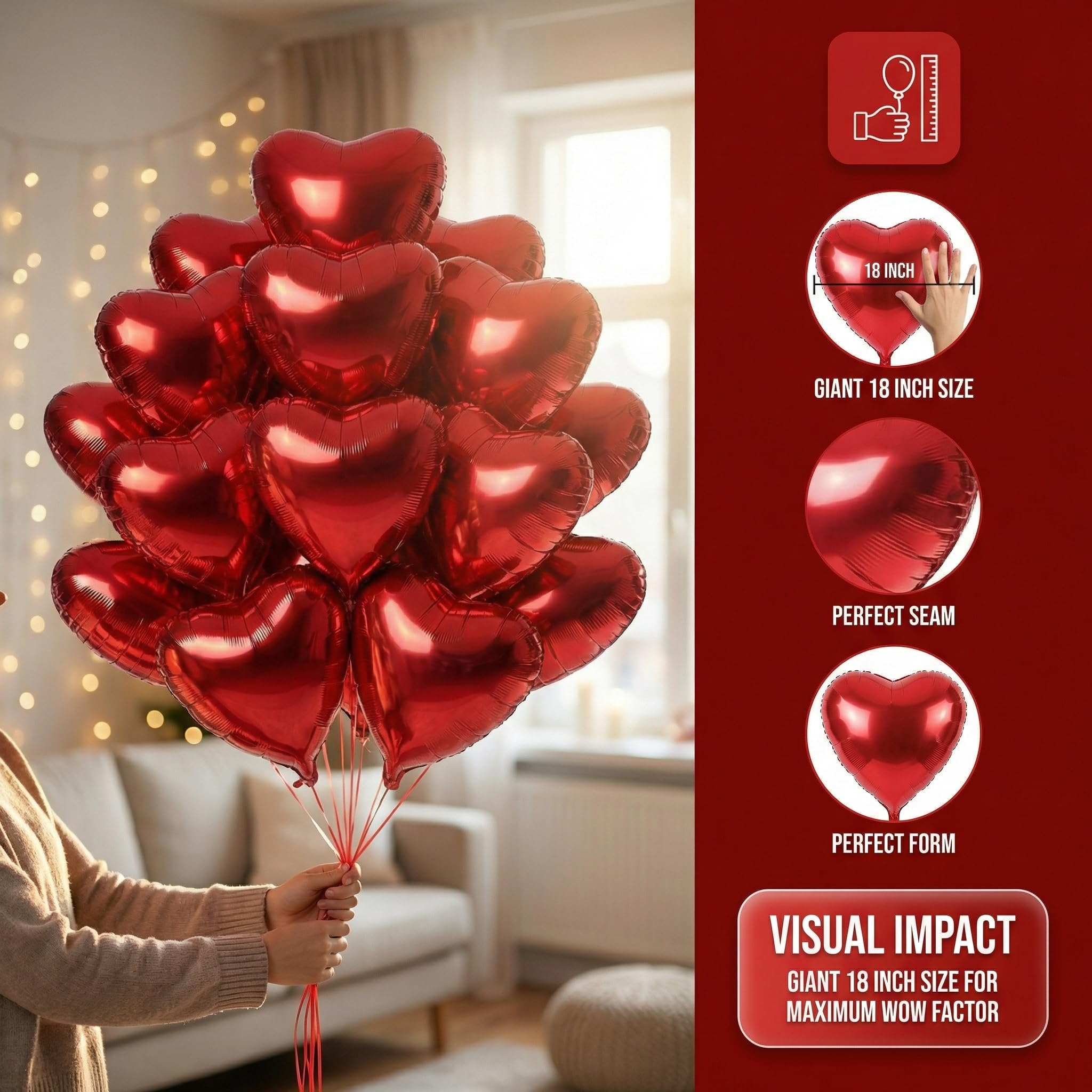 Viaecone 18-Inch Red Heart Balloons - 20 Pack Foil Balloons for Valentine’s Day, Weddings & Birthdays | Helium-Supported Party Decor