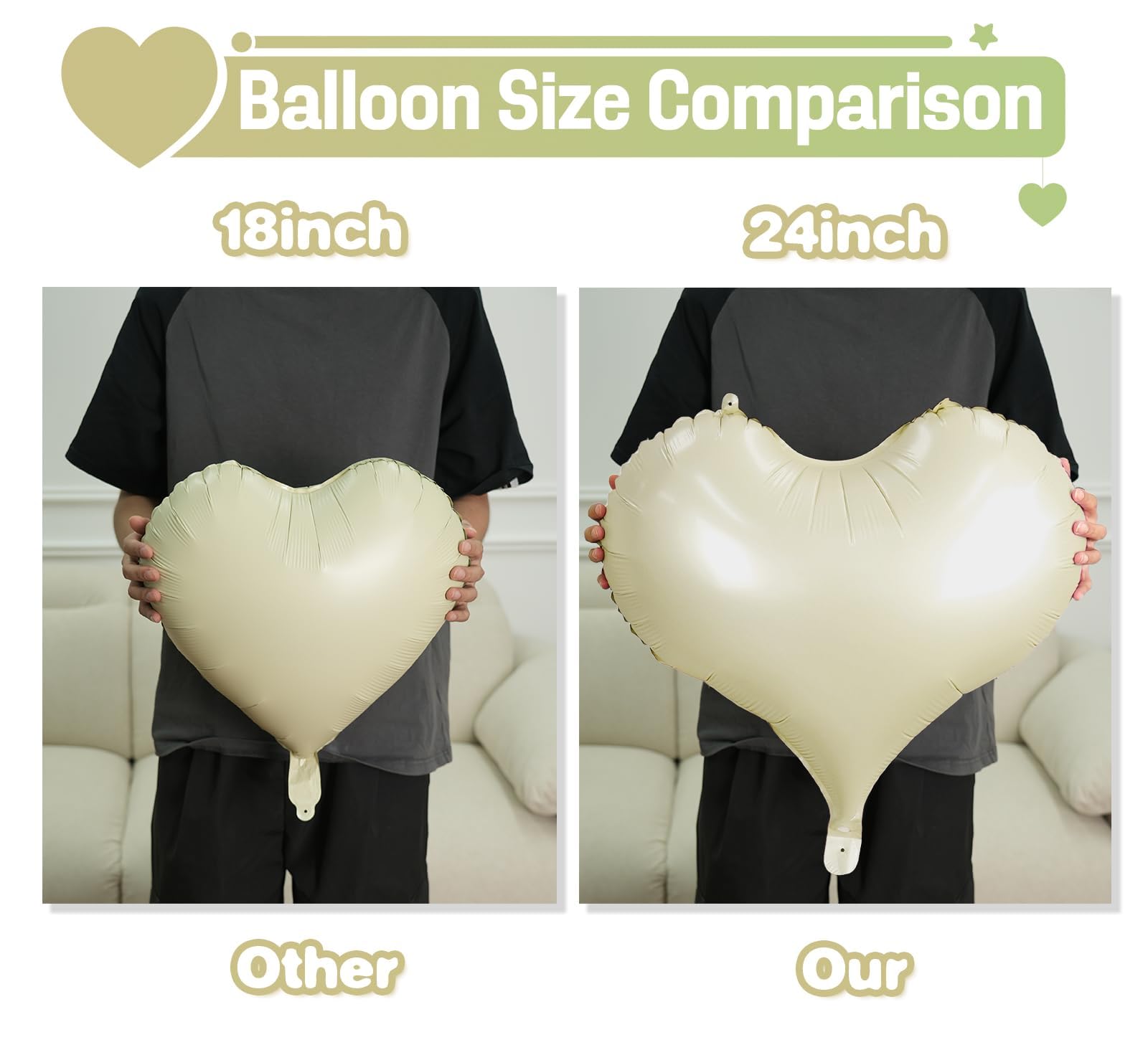 Vibzox Green Cream White Heart Balloons – 6-Pack, 24-Inch Foil Hearts for Valentine’s Day & Weddings