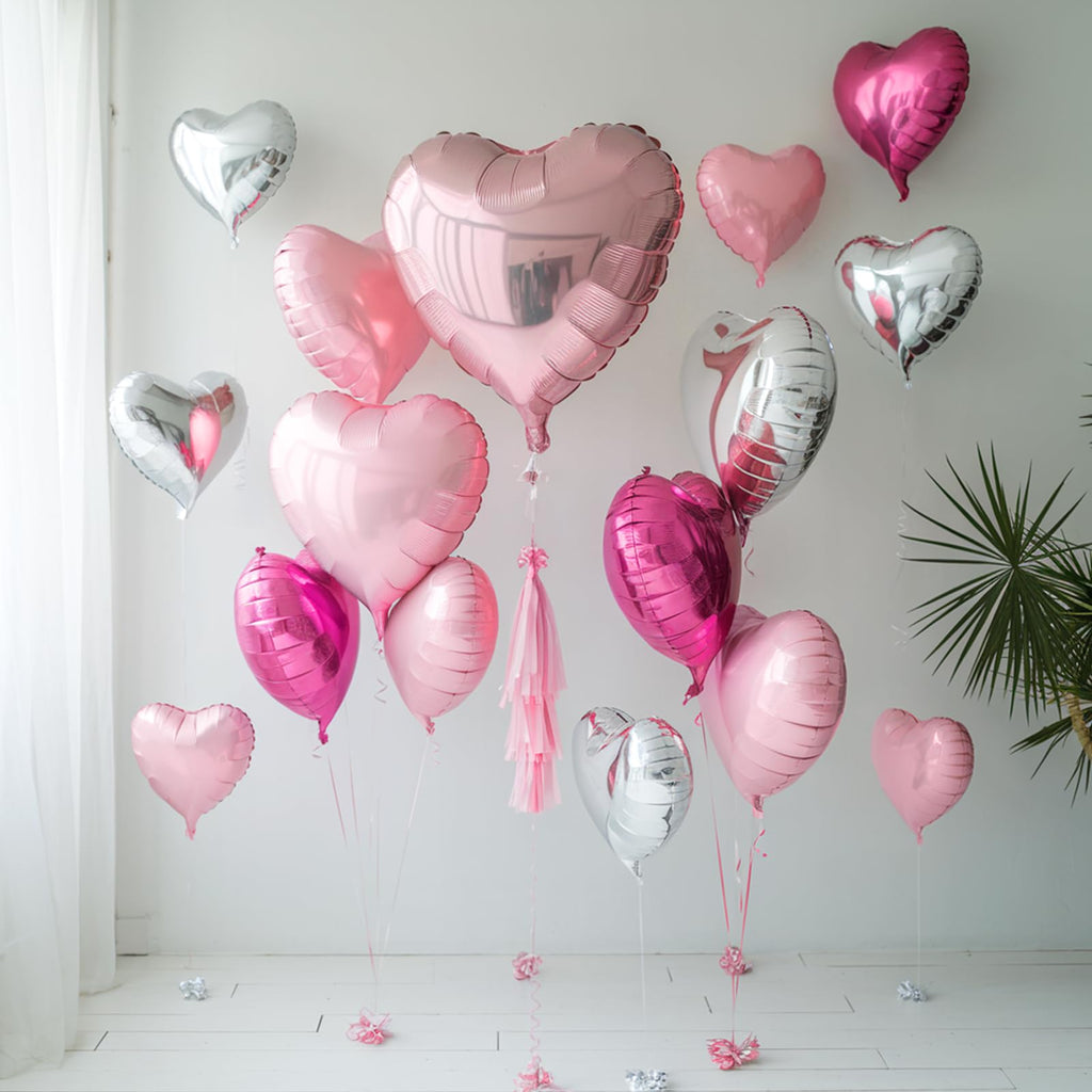 Vibzox Hot Pink & Silver Heart Balloons – 19pcs Set (18in & 10in Mylar Love Balloons)