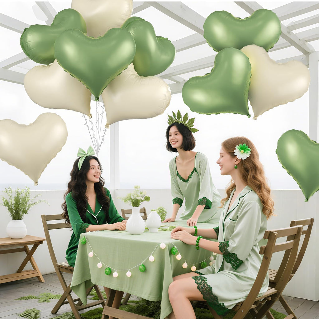 Vibzox Green Cream White Heart Balloons – 6-Pack, 24-Inch Foil Hearts for Valentine’s Day & Weddings
