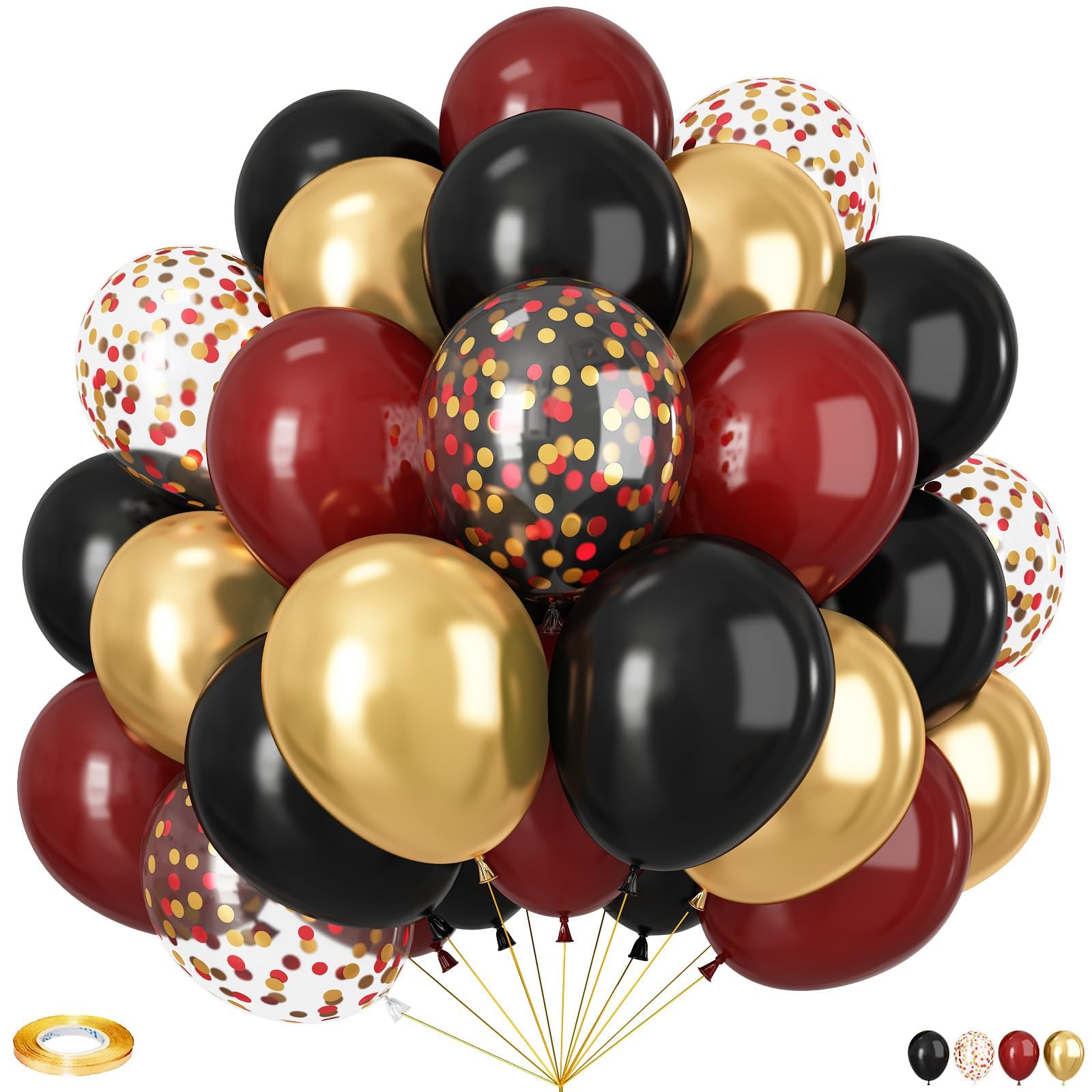 Vibzox Black & Burgundy Balloons 60pcs – Metallic Gold Confetti Latex for Graduation, Birthday, Baby Shower
