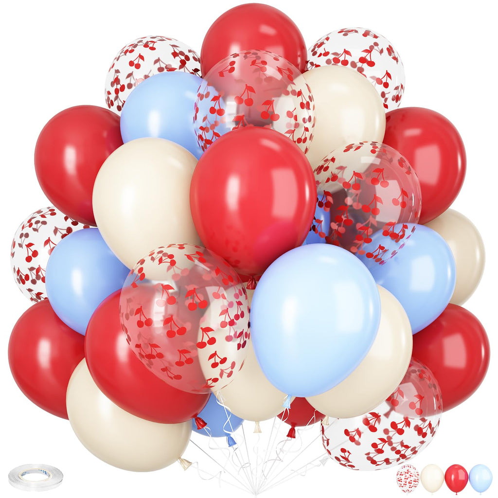 Vibzox Cherry Print Balloons – 30 Pcs, 12-Inch Clear Red & Blue Party Balloons
