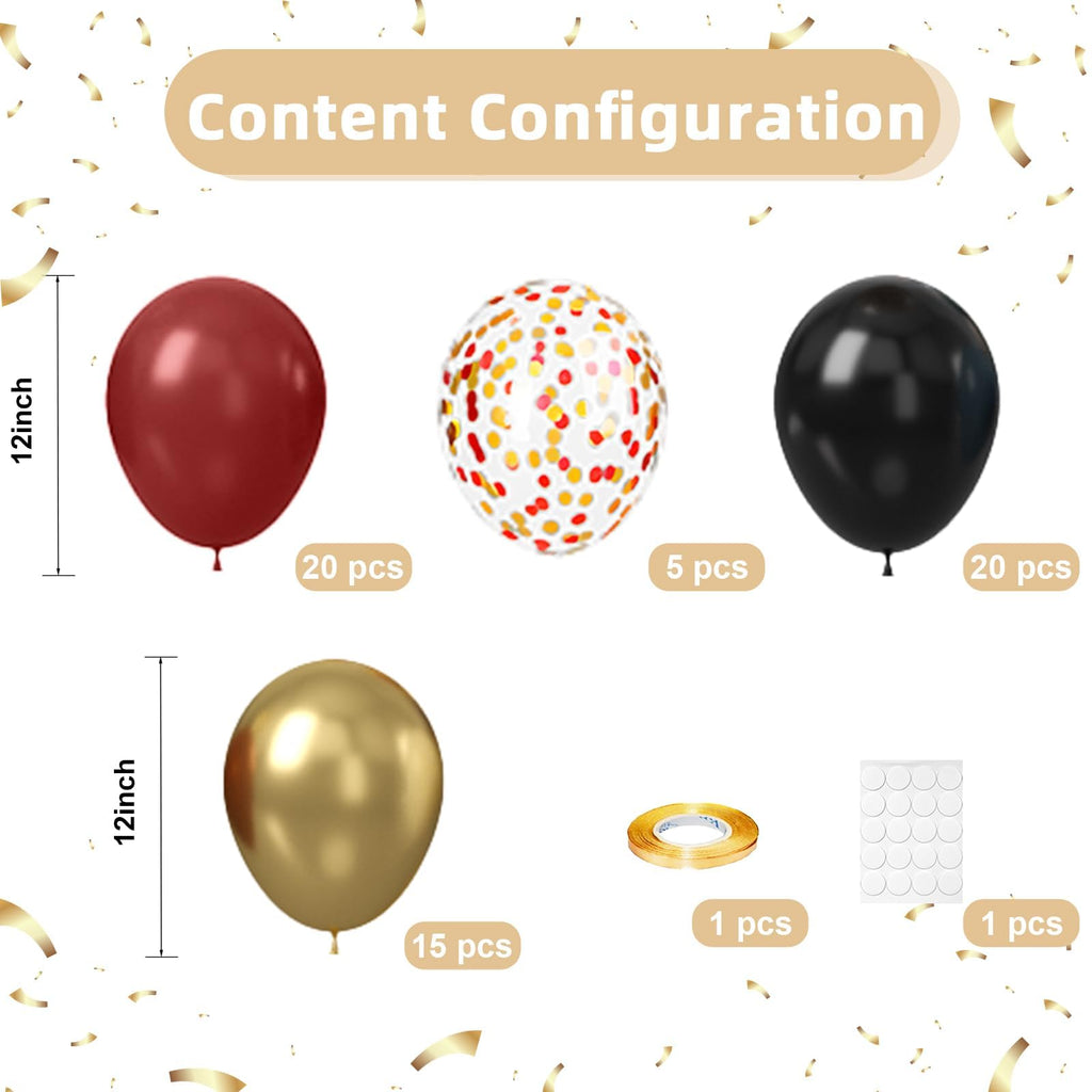 Vibzox Black & Burgundy Balloons 60pcs – Metallic Gold Confetti Latex for Graduation, Birthday, Baby Shower