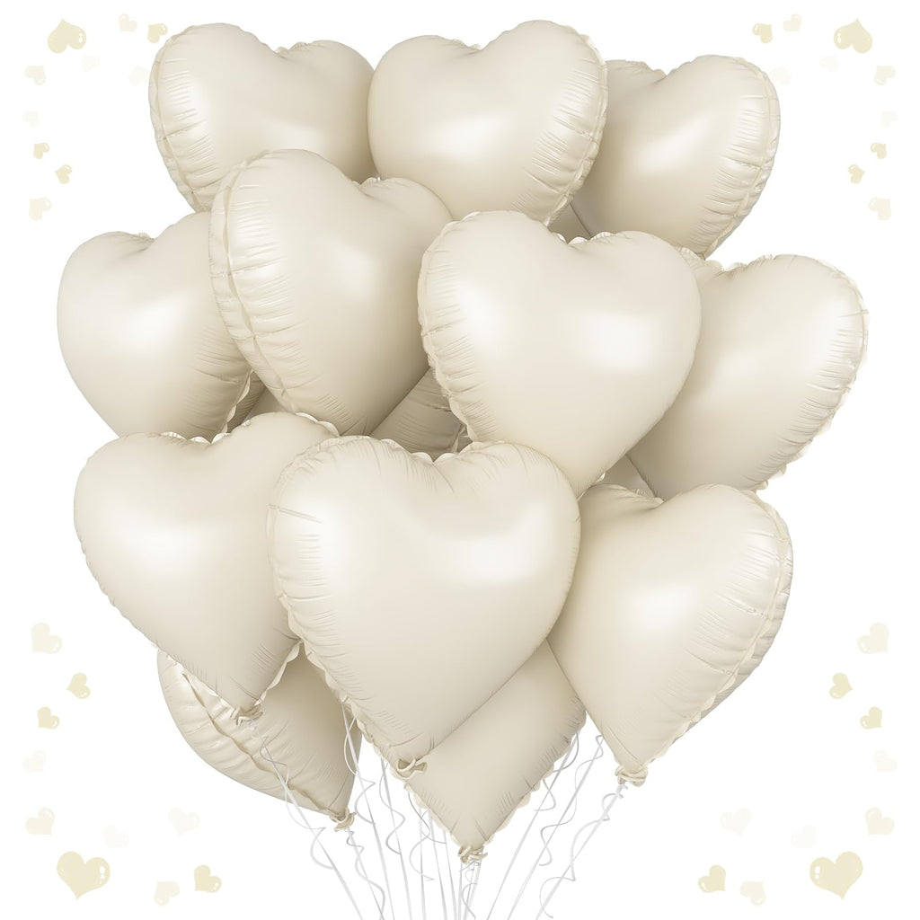 Vibzox Cream Heart Balloons 18-Inch Foil Hearts – 12-Pack for Weddings, Birthdays & Baby Showers