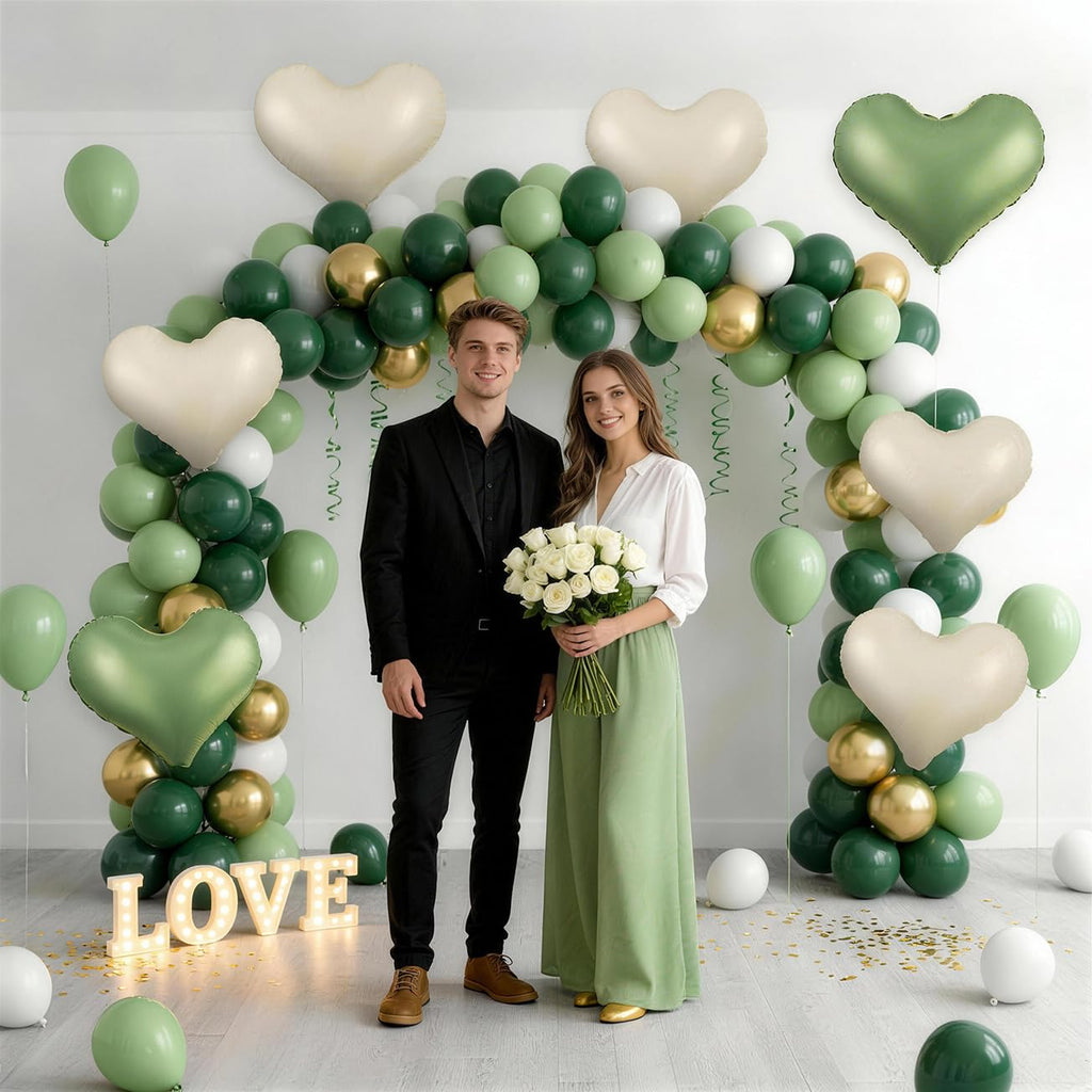Vibzox Green Cream White Heart Balloons – 6-Pack, 24-Inch Foil Hearts for Valentine’s Day & Weddings