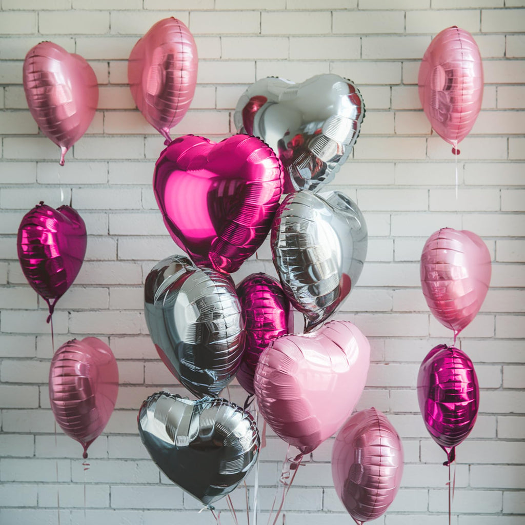 Vibzox Hot Pink & Silver Heart Balloons – 19pcs Set (18in & 10in Mylar Love Balloons)