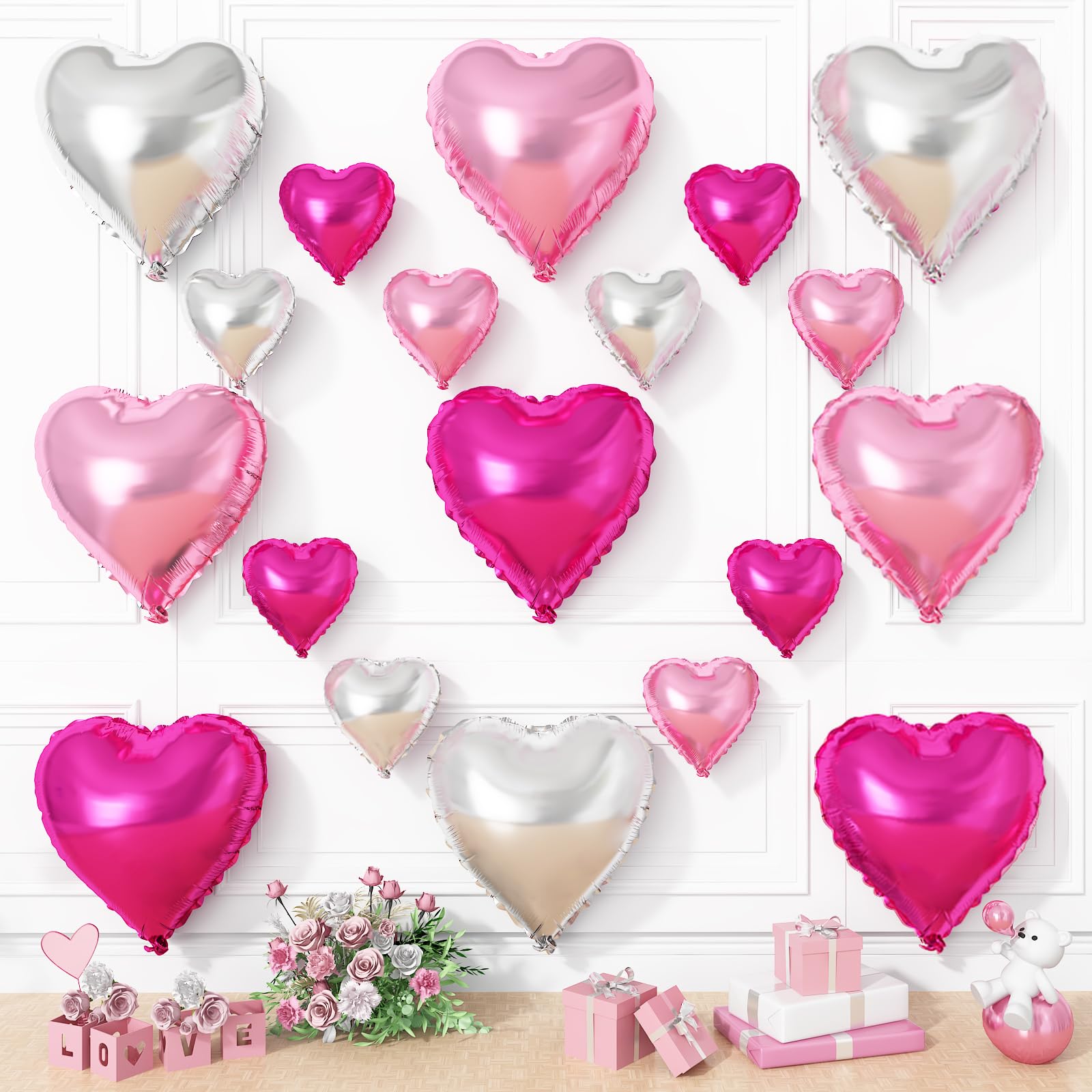 Vibzox Hot Pink & Silver Heart Balloons – 19pcs Set (18in & 10in Mylar Love Balloons)