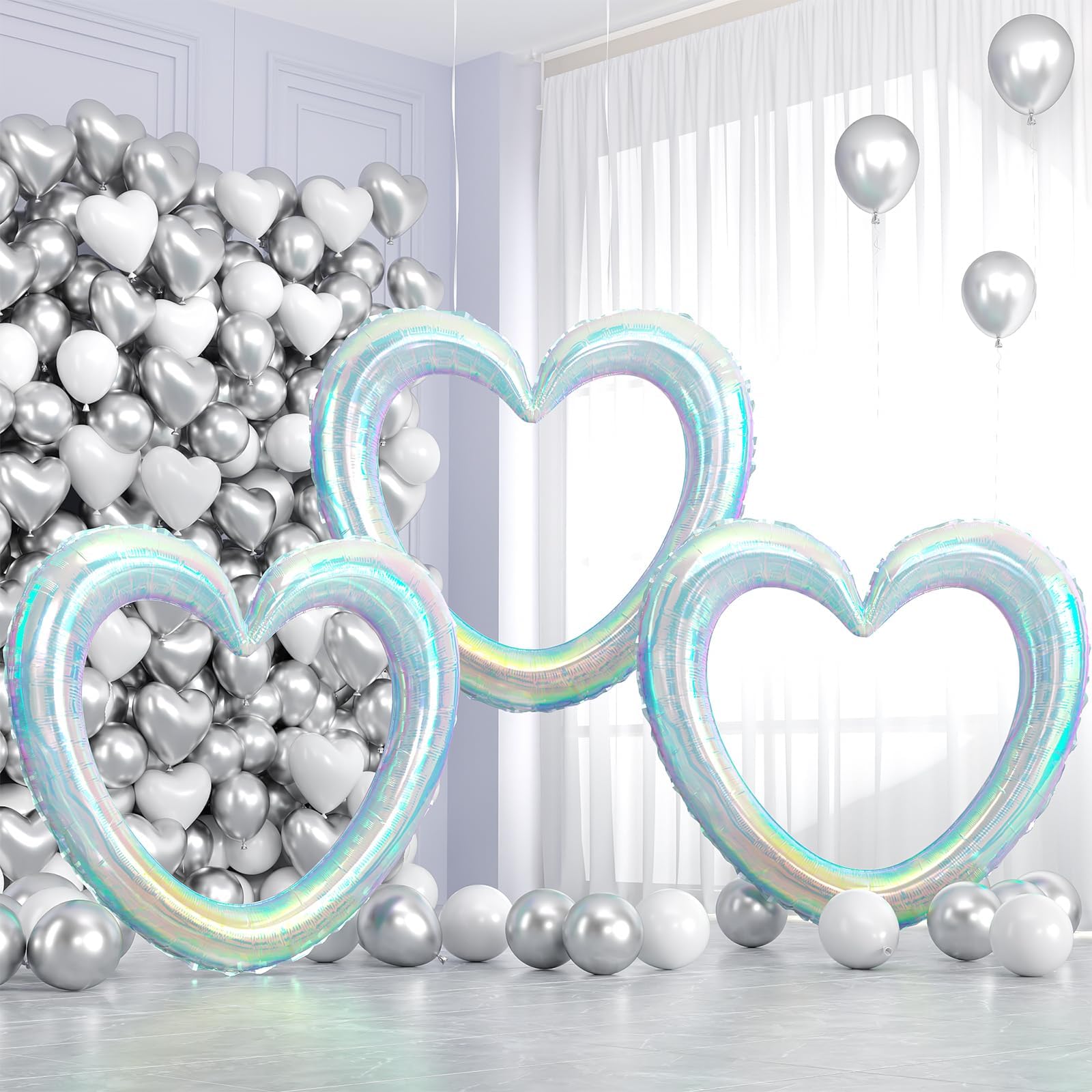 Vibzox Iridescent 40in Heart Balloons | 3-Pack Hollow-Out Foil for Weddings & Celebrations
