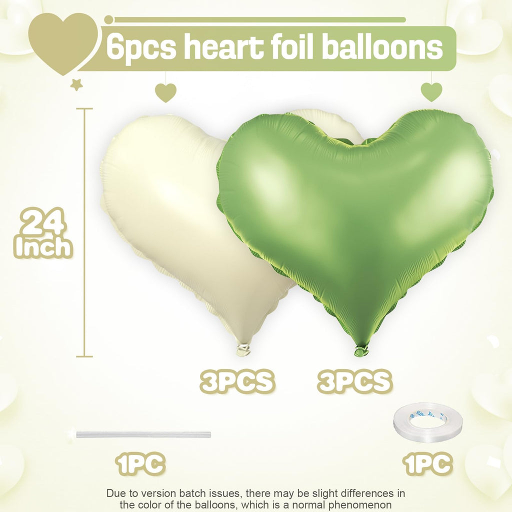 Vibzox Green Cream White Heart Balloons – 6-Pack, 24-Inch Foil Hearts for Valentine’s Day & Weddings