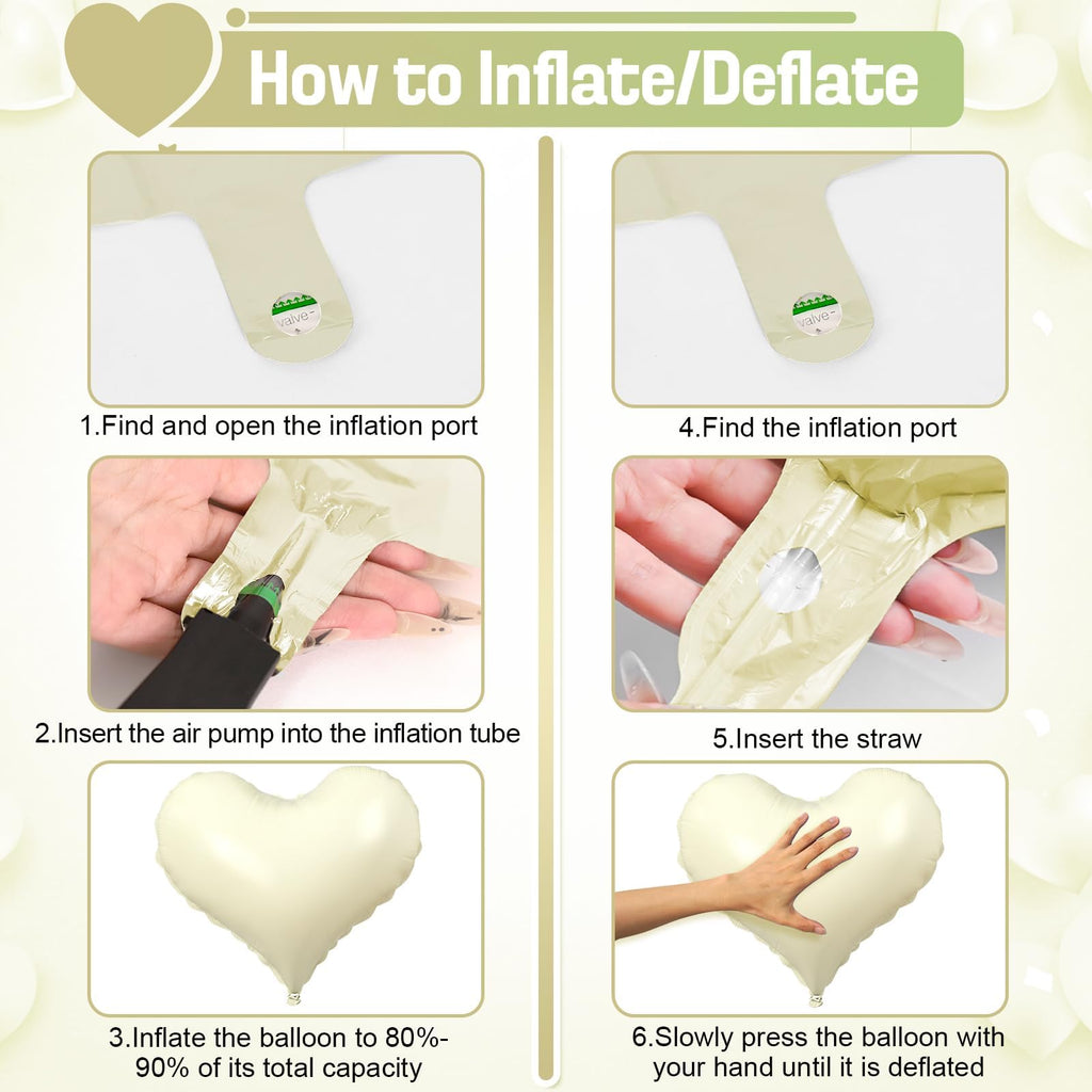 Vibzox Green Cream White Heart Balloons – 6-Pack, 24-Inch Foil Hearts for Valentine’s Day & Weddings