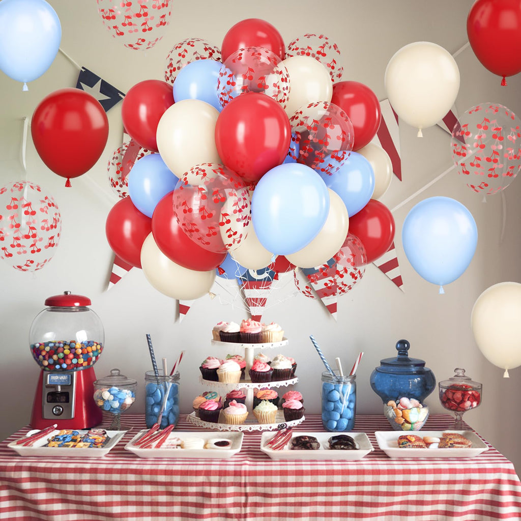 Vibzox Cherry Print Balloons – 30 Pcs, 12-Inch Clear Red & Blue Party Balloons