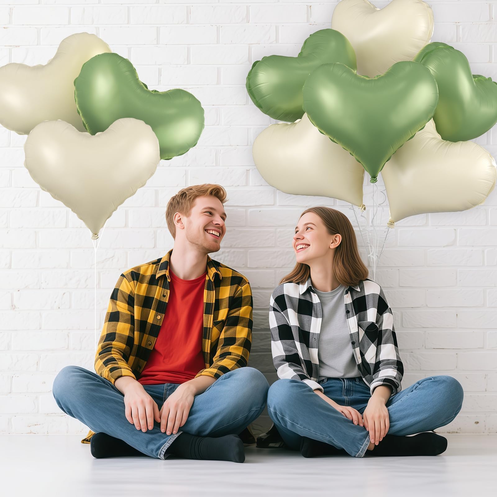 Vibzox Green Cream White Heart Balloons – 6-Pack, 24-Inch Foil Hearts for Valentine’s Day & Weddings