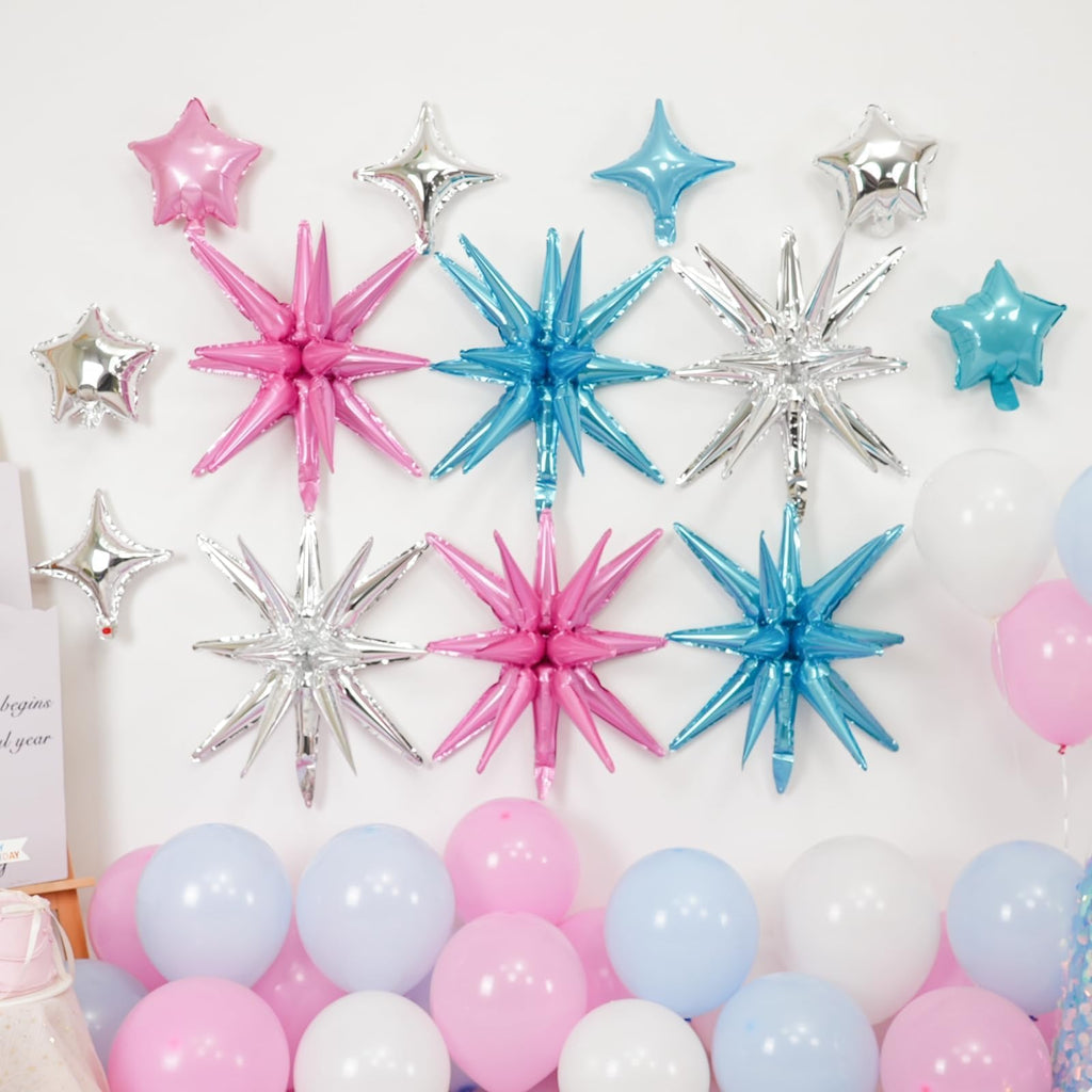 Vibzox 14pcs Pink Blue Silver Star Foil Balloons – 22in Explosion Stars + 10in Star Balloons for Birthday & Party Decor