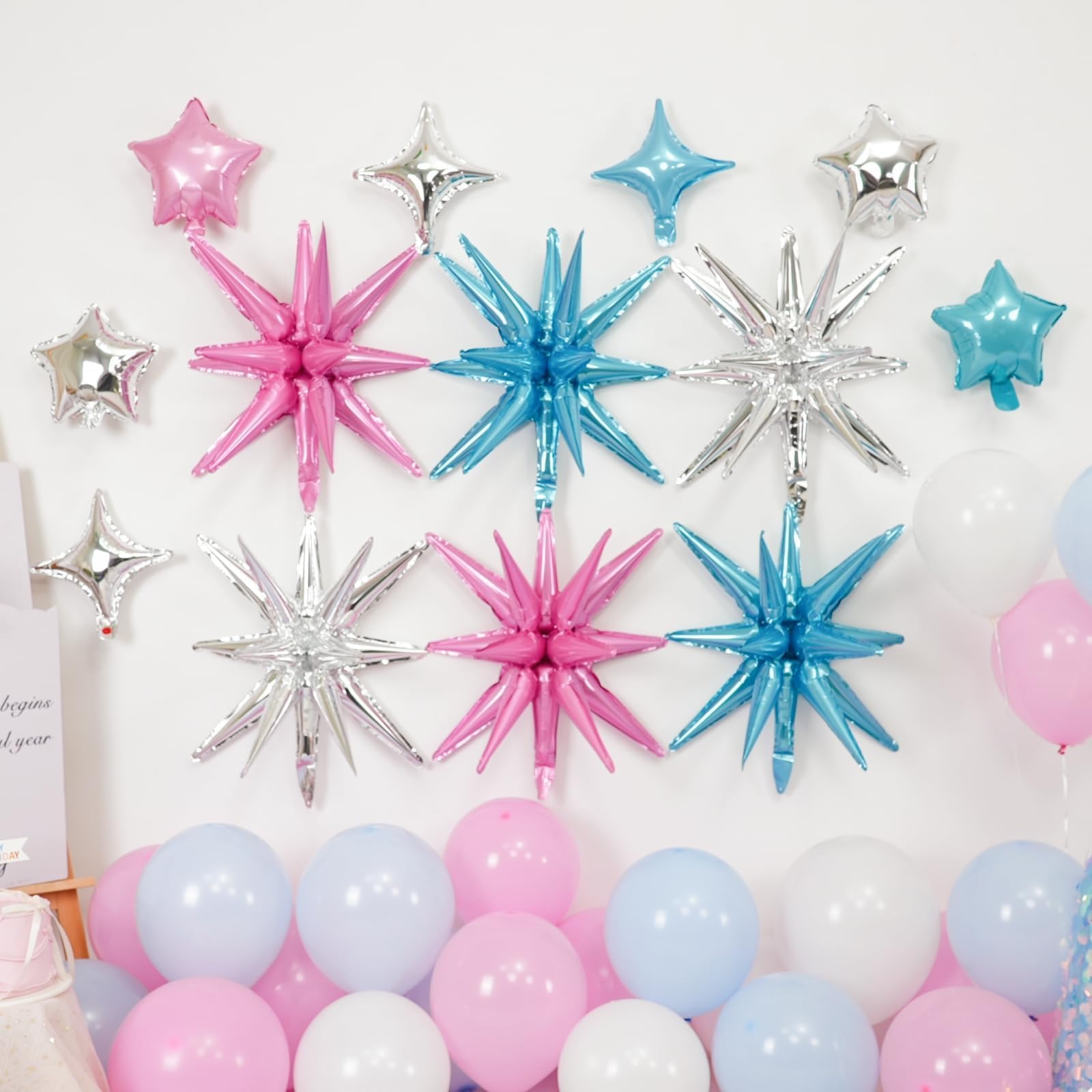 Vibzox 14pcs Pink Blue Silver Star Foil Balloons – 22in Explosion Stars + 10in Star Balloons for Birthday & Party Decor