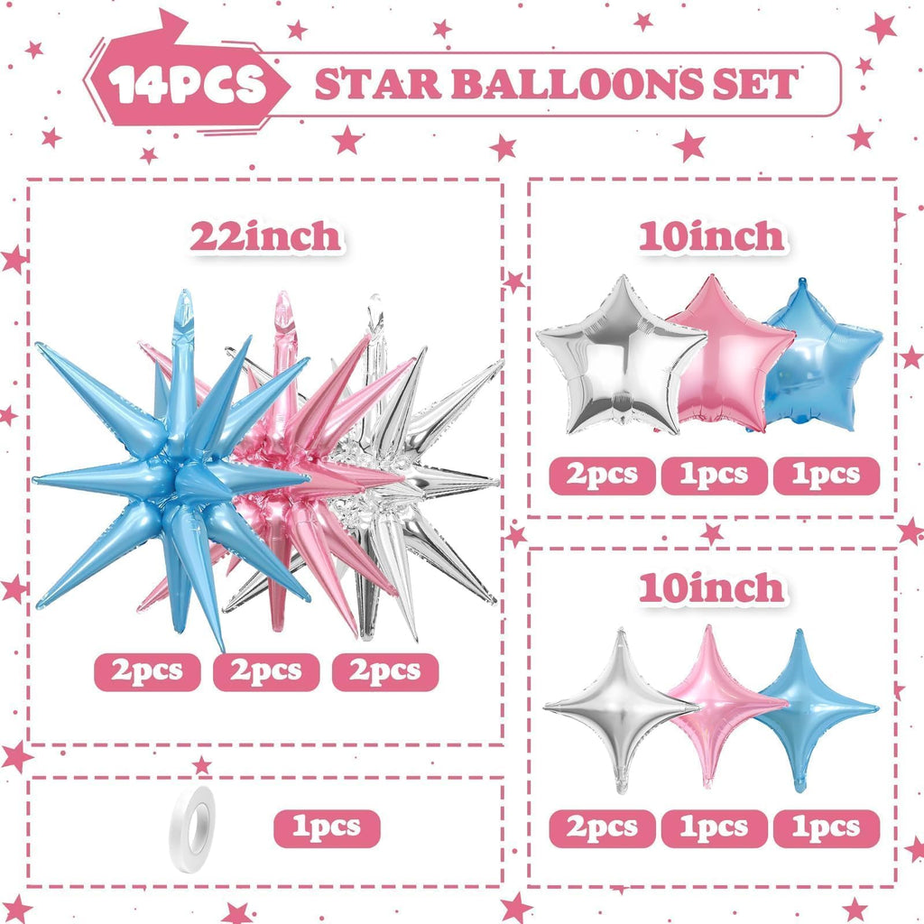 Vibzox 14pcs Pink Blue Silver Star Foil Balloons – 22in Explosion Stars + 10in Star Balloons for Birthday & Party Decor