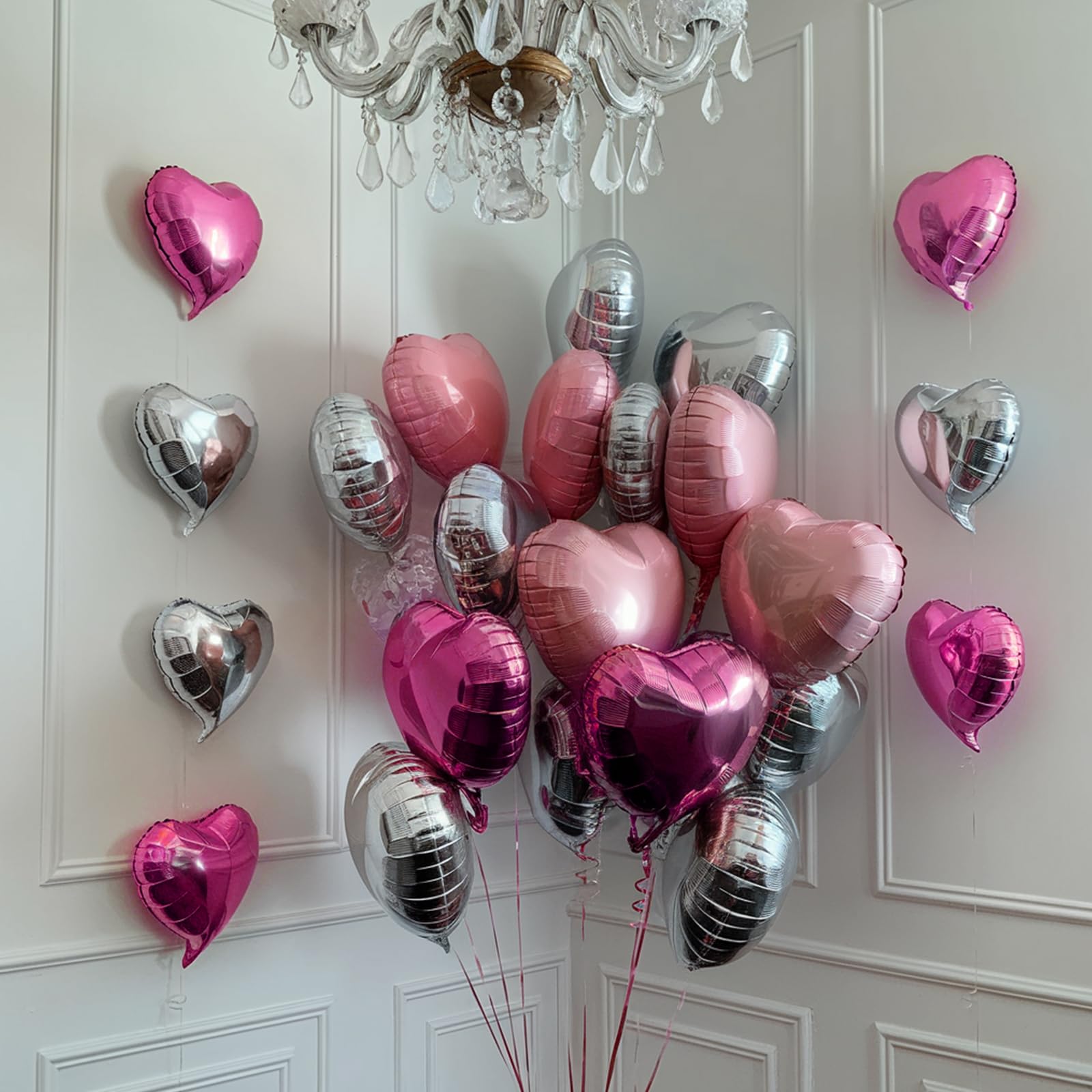 Vibzox Hot Pink & Silver Heart Balloons – 19pcs Set (18in & 10in Mylar Love Balloons)