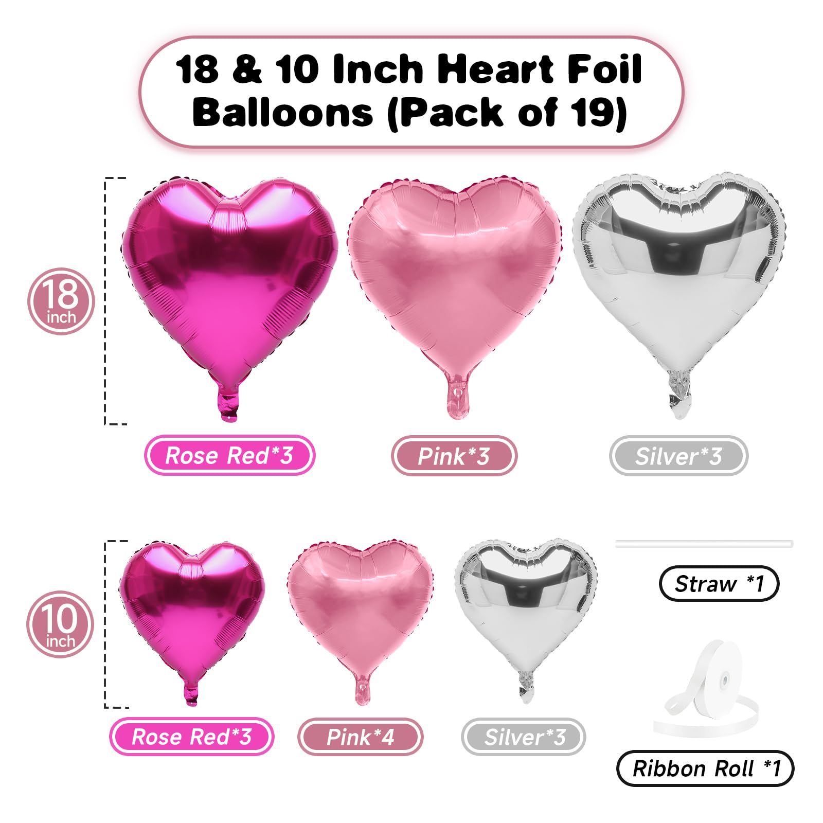 Vibzox Hot Pink & Silver Heart Balloons – 19pcs Set (18in & 10in Mylar Love Balloons)