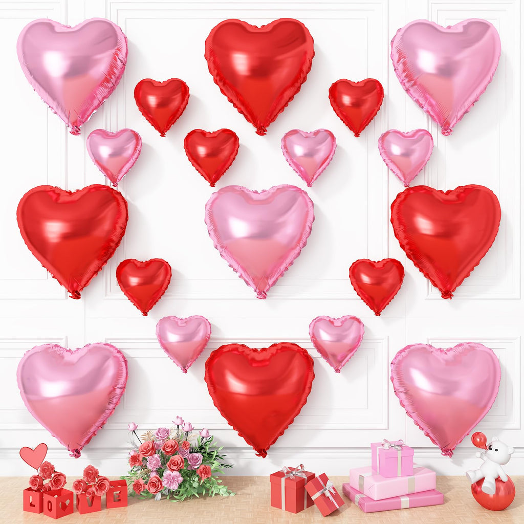 Vibzox Pink & Red Heart Balloons – 19pc 18in/10in Aluminum Foil Hearts