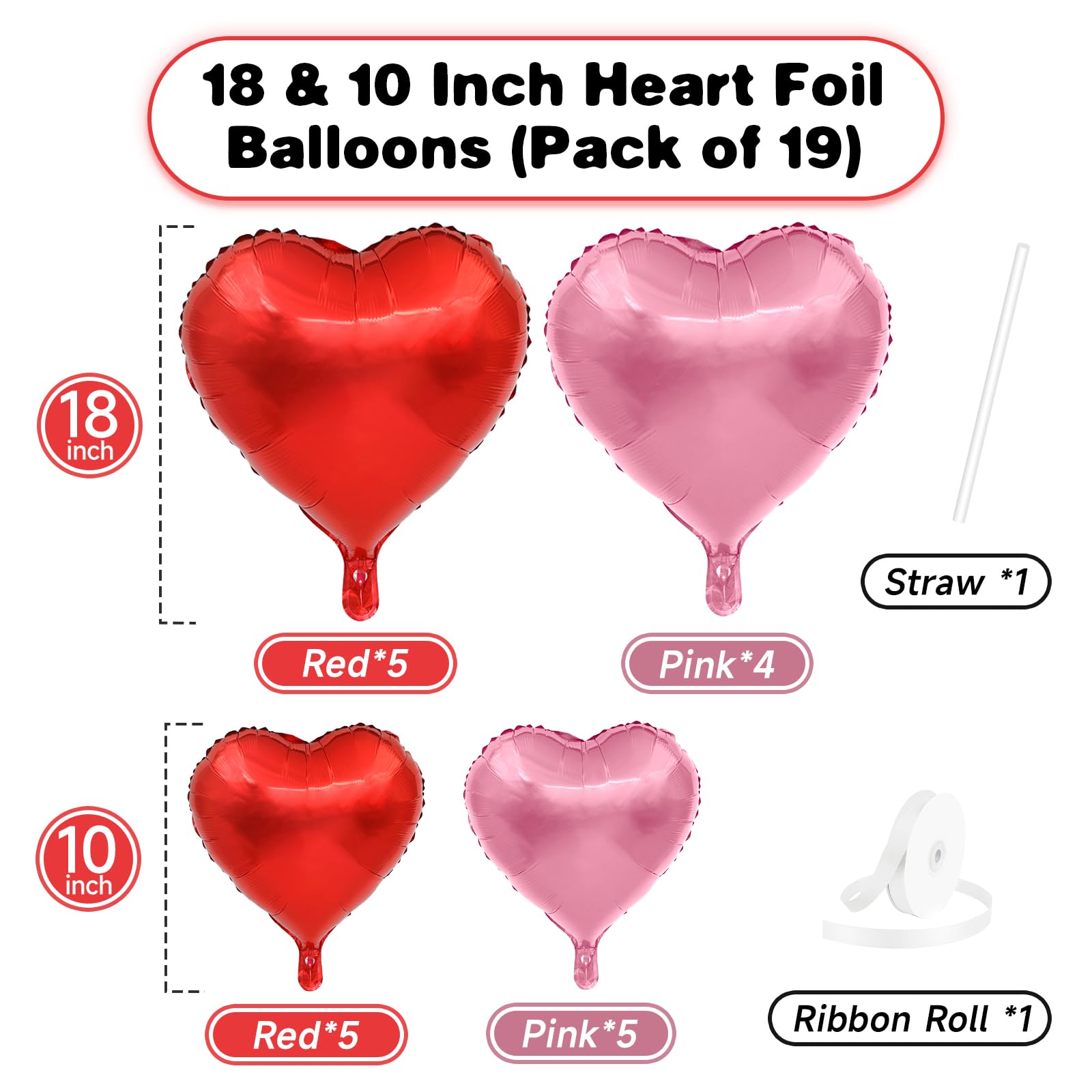 Vibzox Pink & Red Heart Balloons – 19pc 18in/10in Aluminum Foil Hearts