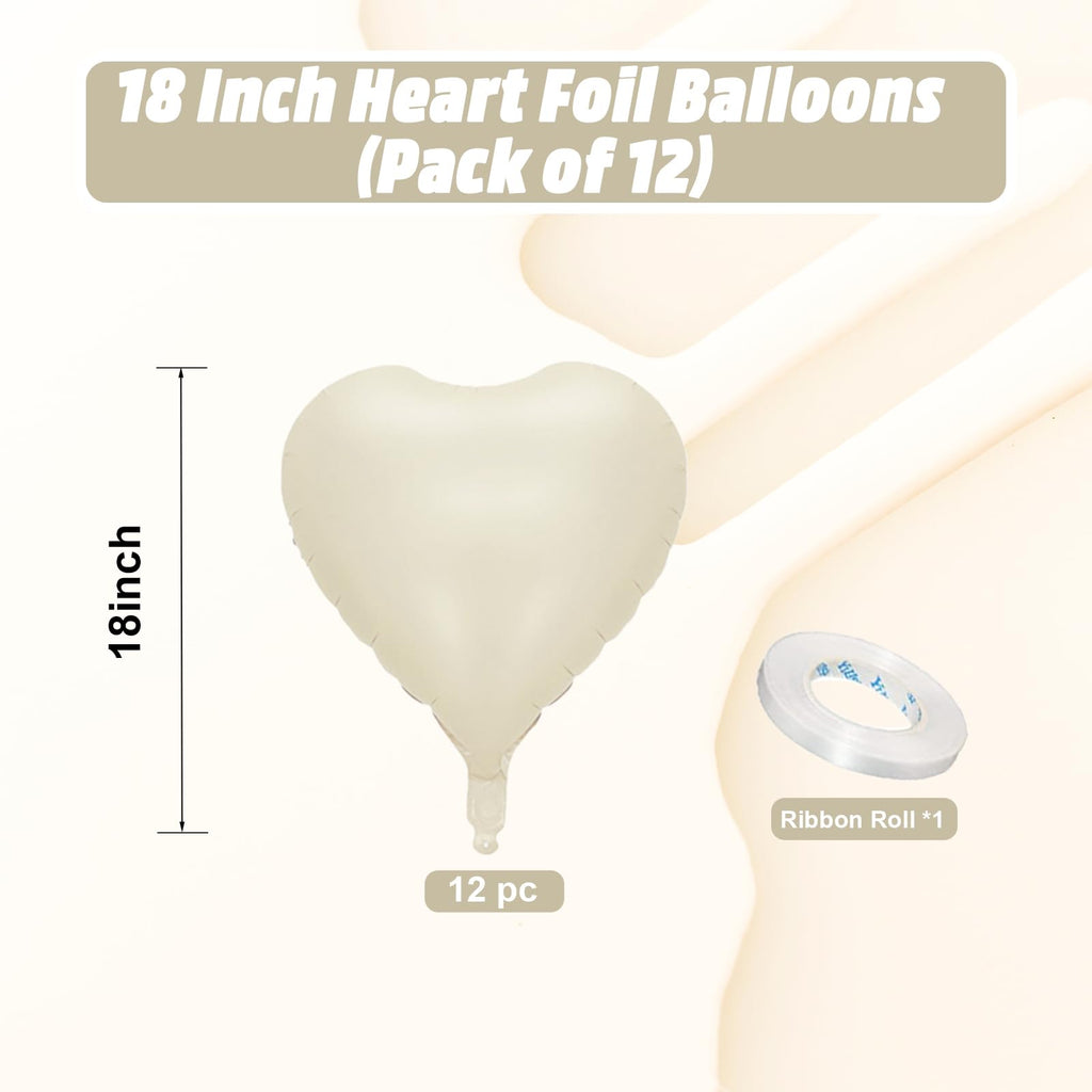 Vibzox Cream Heart Balloons 18-Inch Foil Hearts – 12-Pack for Weddings, Birthdays & Baby Showers