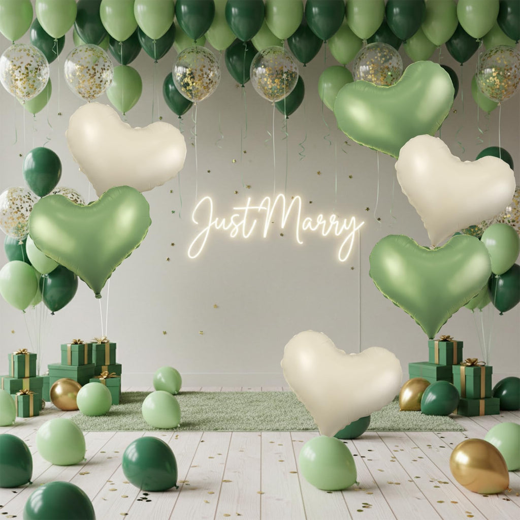 Vibzox Green Cream White Heart Balloons – 6-Pack, 24-Inch Foil Hearts for Valentine’s Day & Weddings