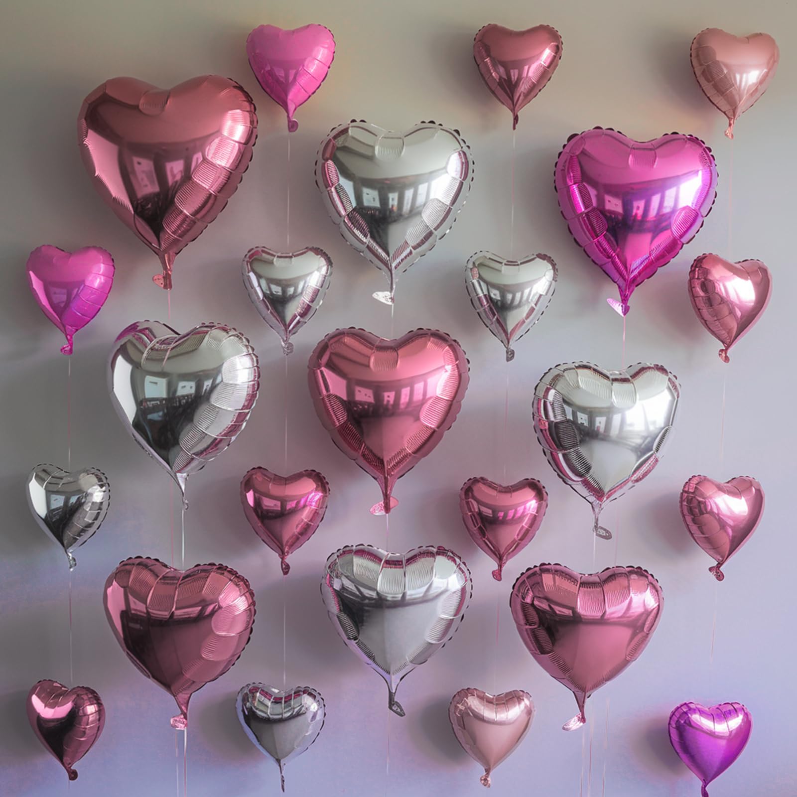 Vibzox Hot Pink & Silver Heart Balloons – 19pcs Set (18in & 10in Mylar Love Balloons)