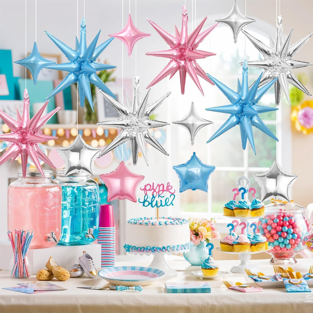 Vibzox 14pcs Pink Blue Silver Star Foil Balloons – 22in Explosion Stars + 10in Star Balloons for Birthday & Party Decor