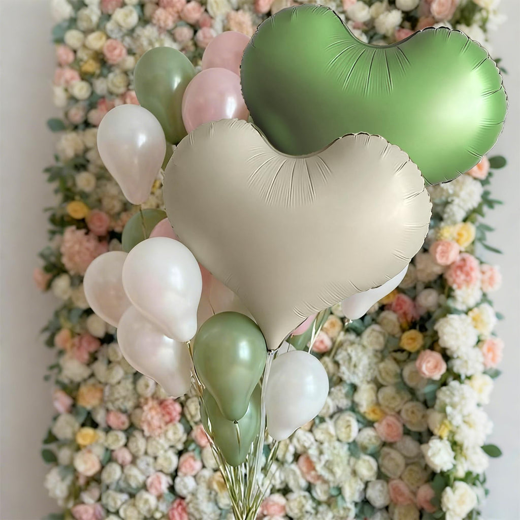 Vibzox Green Cream White Heart Balloons – 6-Pack, 24-Inch Foil Hearts for Valentine’s Day & Weddings
