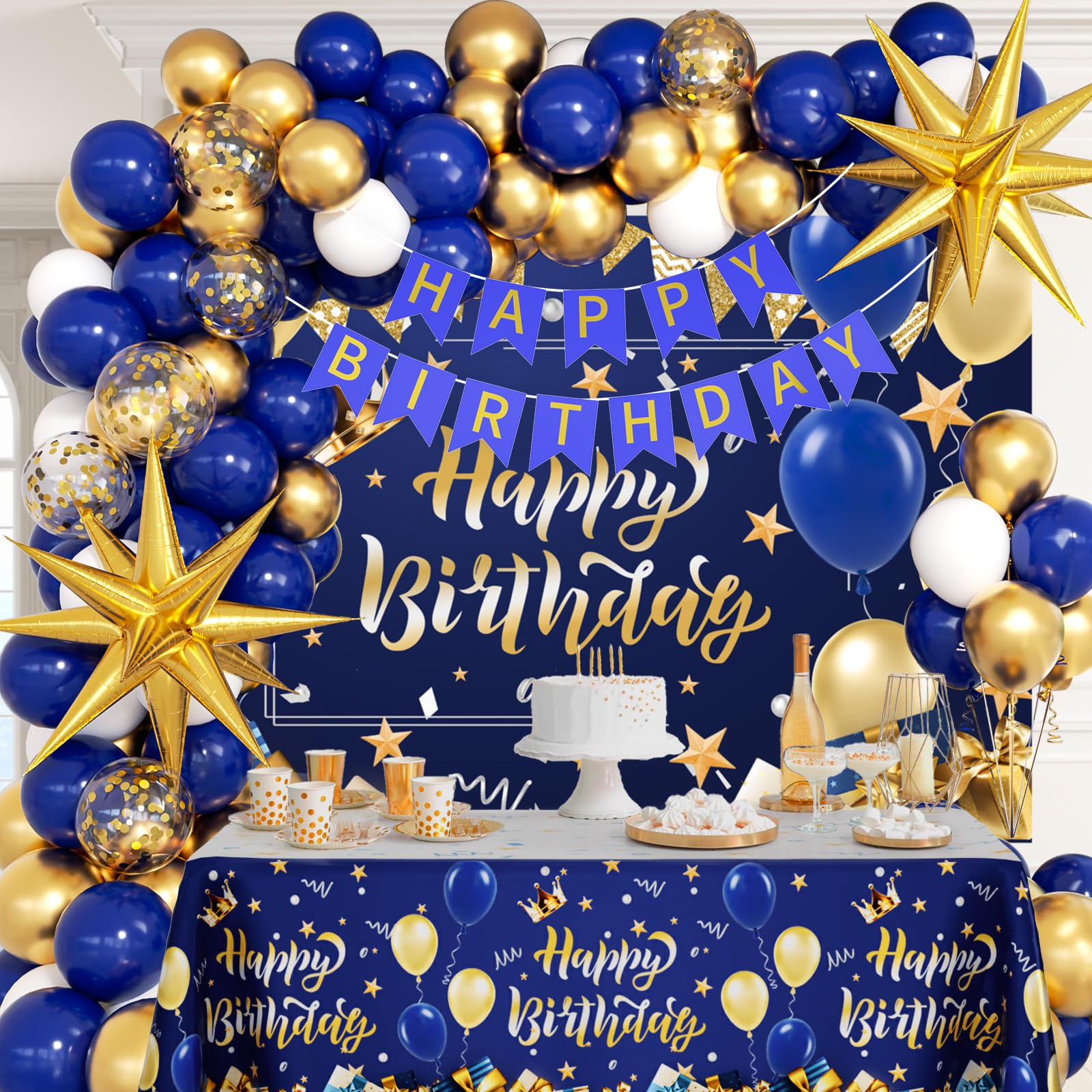 Vicduotex Blue & Gold Birthday Decorations Kit – Balloons, Banner, Backdrop