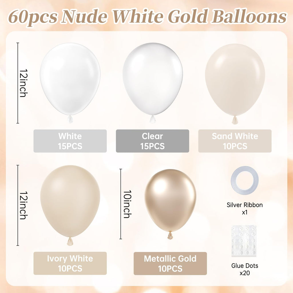 Vicduotex 60pcs 12" Beige White Gold Balloons Set — Wedding, Bridal Shower & Party Decor
