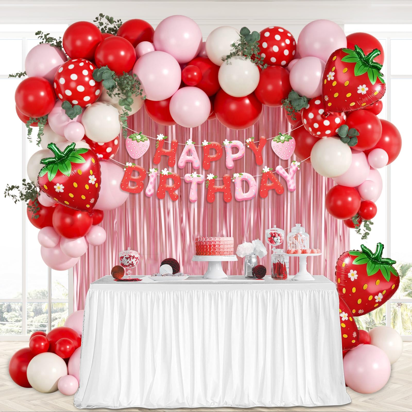 Vicduotex Strawberry Birthday Decorations — Pink Fringe Curtain, Banner & Balloons