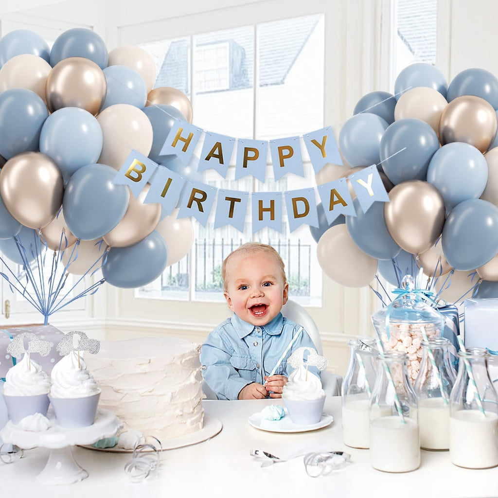 Vicduotex 60pcs Dusty Blue Balloons Kit – 12in Pastel Blue, Sand White & Gold for Weddings, Baby Showers, Gender Reveal