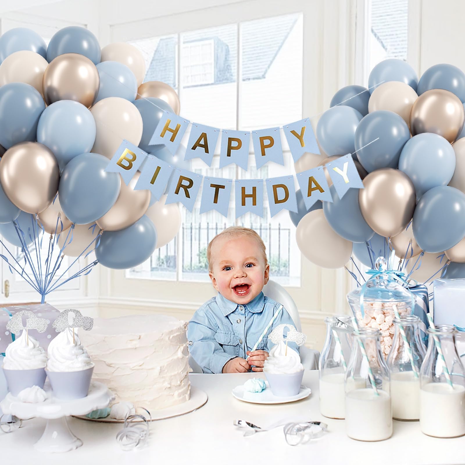 Vicduotex 60pcs Dusty Blue Balloons Kit – 12in Pastel Blue, Sand White & Gold for Weddings, Baby Showers, Gender Reveal