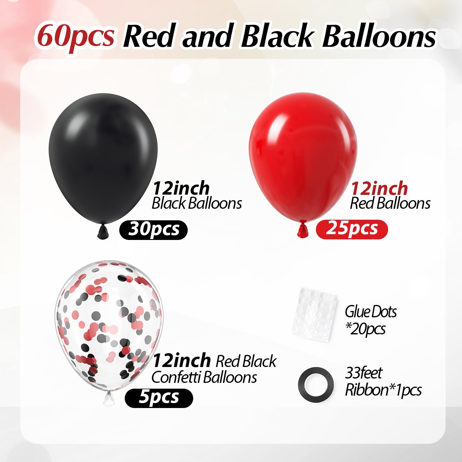 Vicduotex Red & Black Confetti Balloons – 60pcs, 12in for Graduation, Wedding, New Year