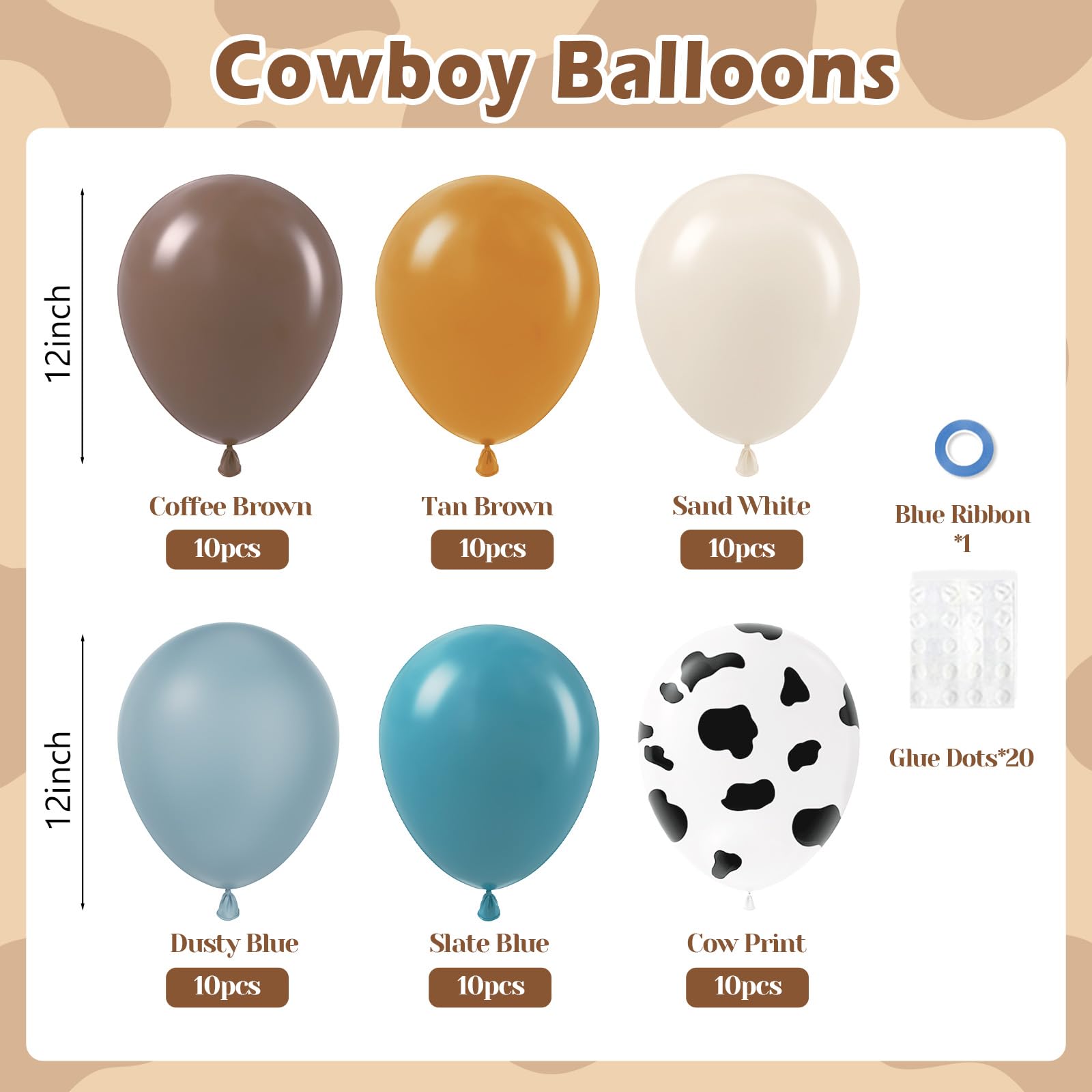Vicduotex 60pcs Cowboy Balloons – Brown, Slate Blue, Dusty Blue, Sand White Latex Western Party Decor