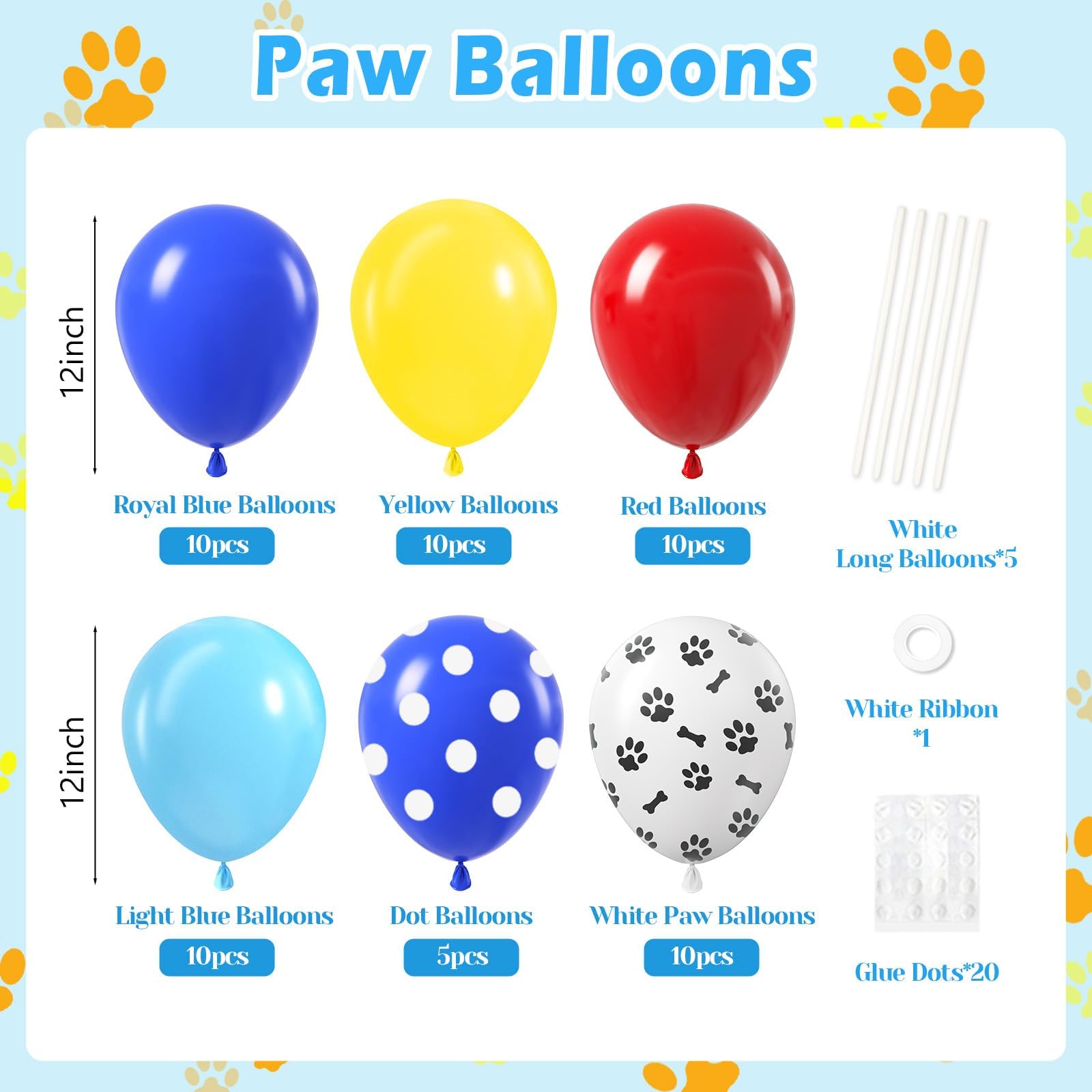 Vicduotex 60pcs 12in Dog Paw Balloons Set – Royal Blue, Light Blue, Yellow, Red for Puppy Birthday Parties