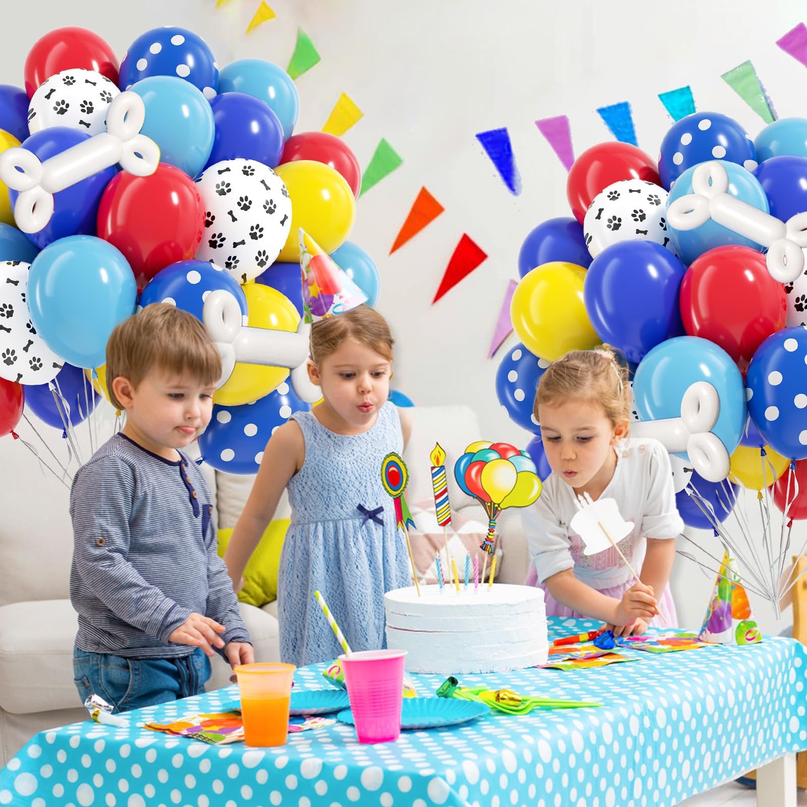 Vicduotex 60pcs 12in Dog Paw Balloons Set – Royal Blue, Light Blue, Yellow, Red for Puppy Birthday Parties