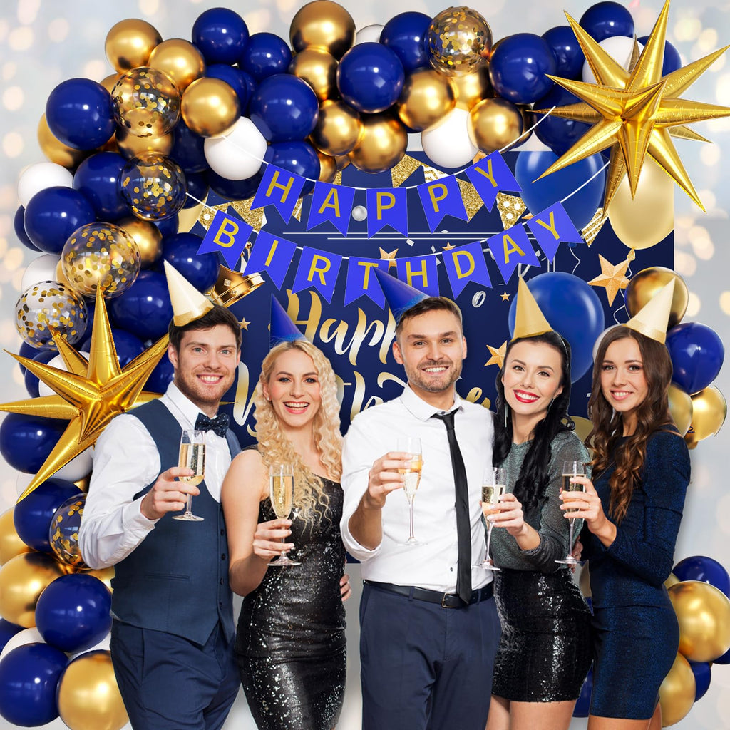 Vicduotex Blue & Gold Birthday Decorations Kit – Balloons, Banner, Backdrop
