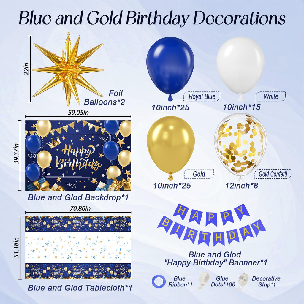 Vicduotex Blue & Gold Birthday Decorations Kit – Balloons, Banner, Backdrop
