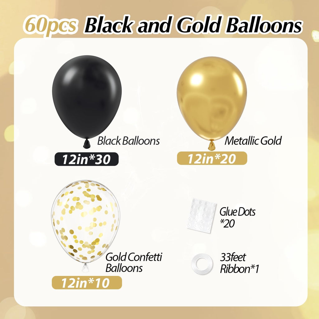 Vicduotex Black and Gold Balloons – 60pcs 12” Metallic Gold Confetti Set for Graduation, Anniversary & Birthday Parties