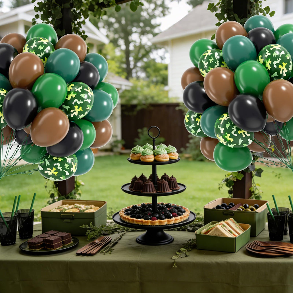 Vicduotex 60pcs 12in Camo Balloons — Forest Green, Brown & Black for Hunting, Camping & Jungle Theme Parties