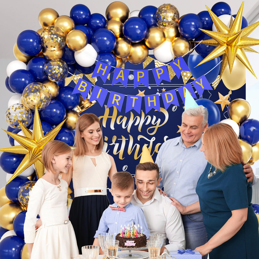 Vicduotex Blue & Gold Birthday Decorations Kit – Balloons, Banner, Backdrop