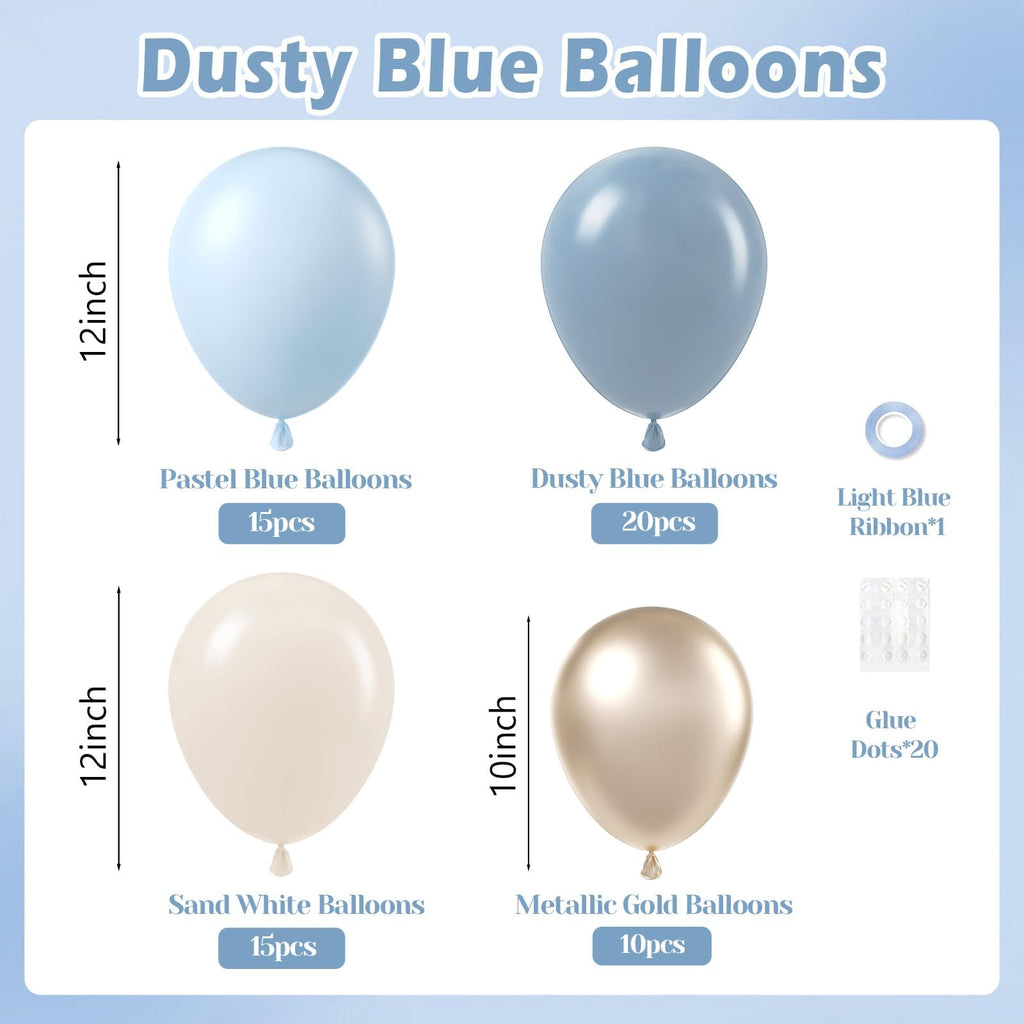 Vicduotex 60pcs Dusty Blue Balloons Kit – 12in Pastel Blue, Sand White & Gold for Weddings, Baby Showers, Gender Reveal