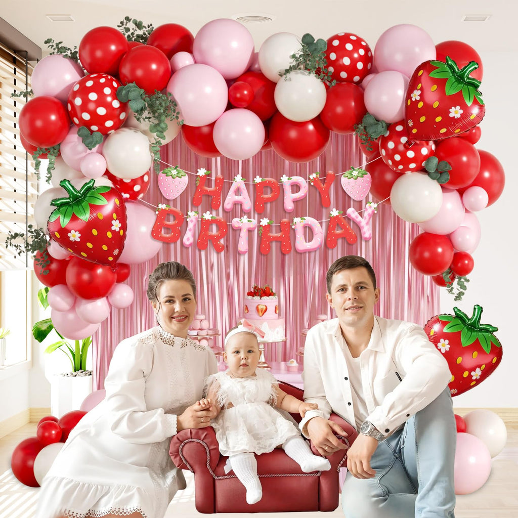 Vicduotex Strawberry Birthday Decorations — Pink Fringe Curtain, Banner & Balloons
