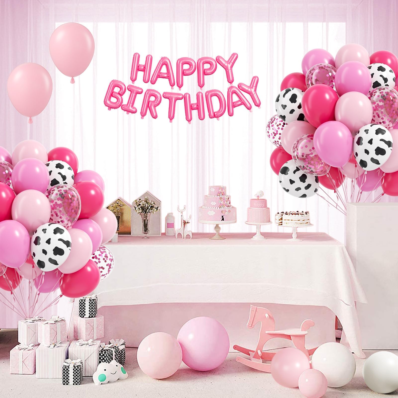 Vicduotex 60pcs Cowgirl Balloons Set — Hot Pink, Light Pink & Cow Print Confetti Latex for Farm Themed Parties